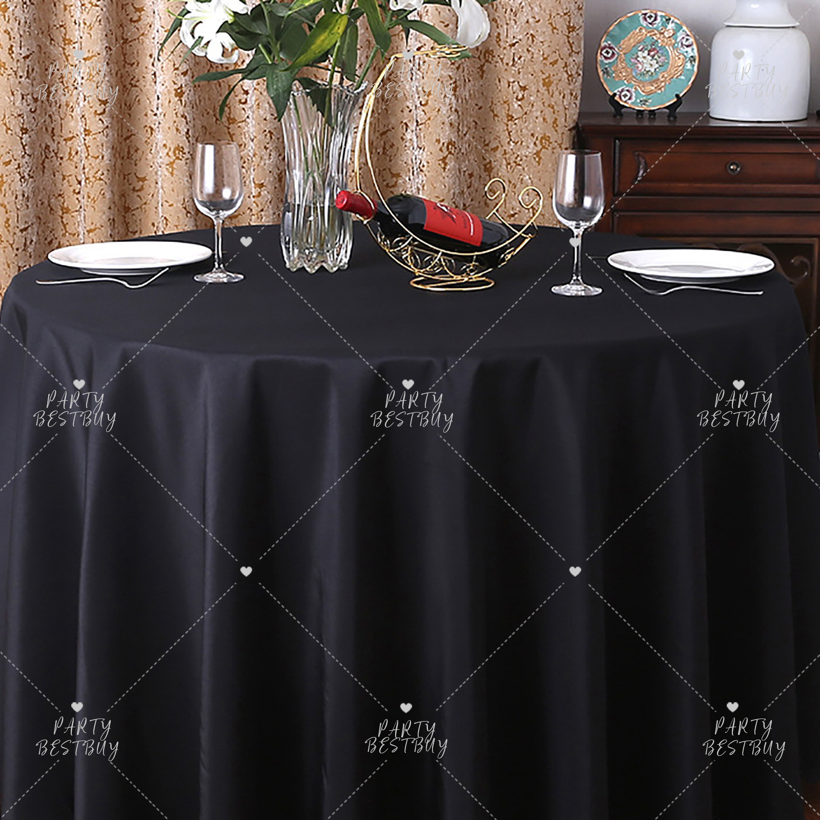 Wedding Event Party Tableware Covers, Black Round Tablecloth