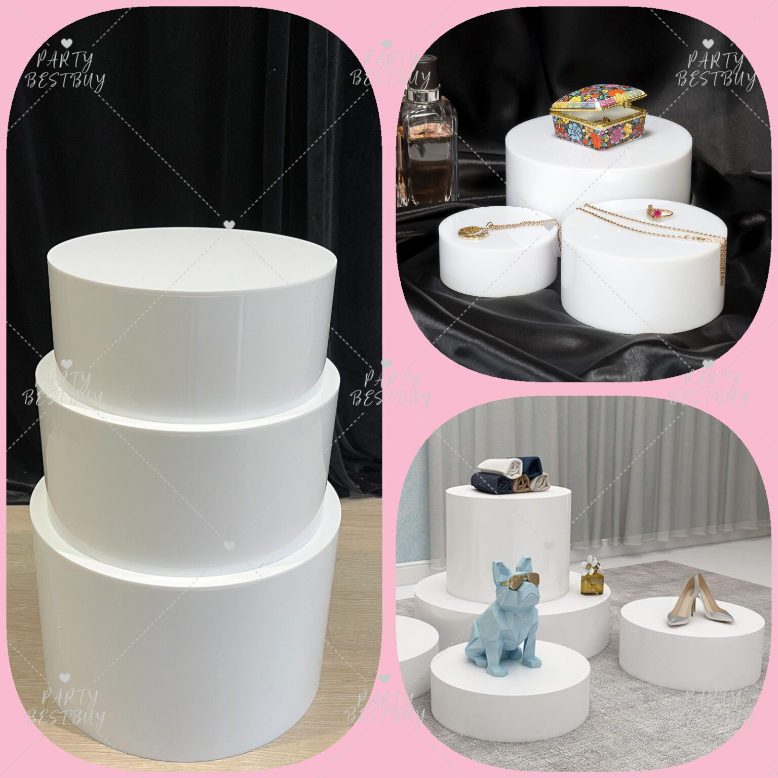 3x Round Acrylic Display Risers Boxeswith Hollow Bottoms for Food